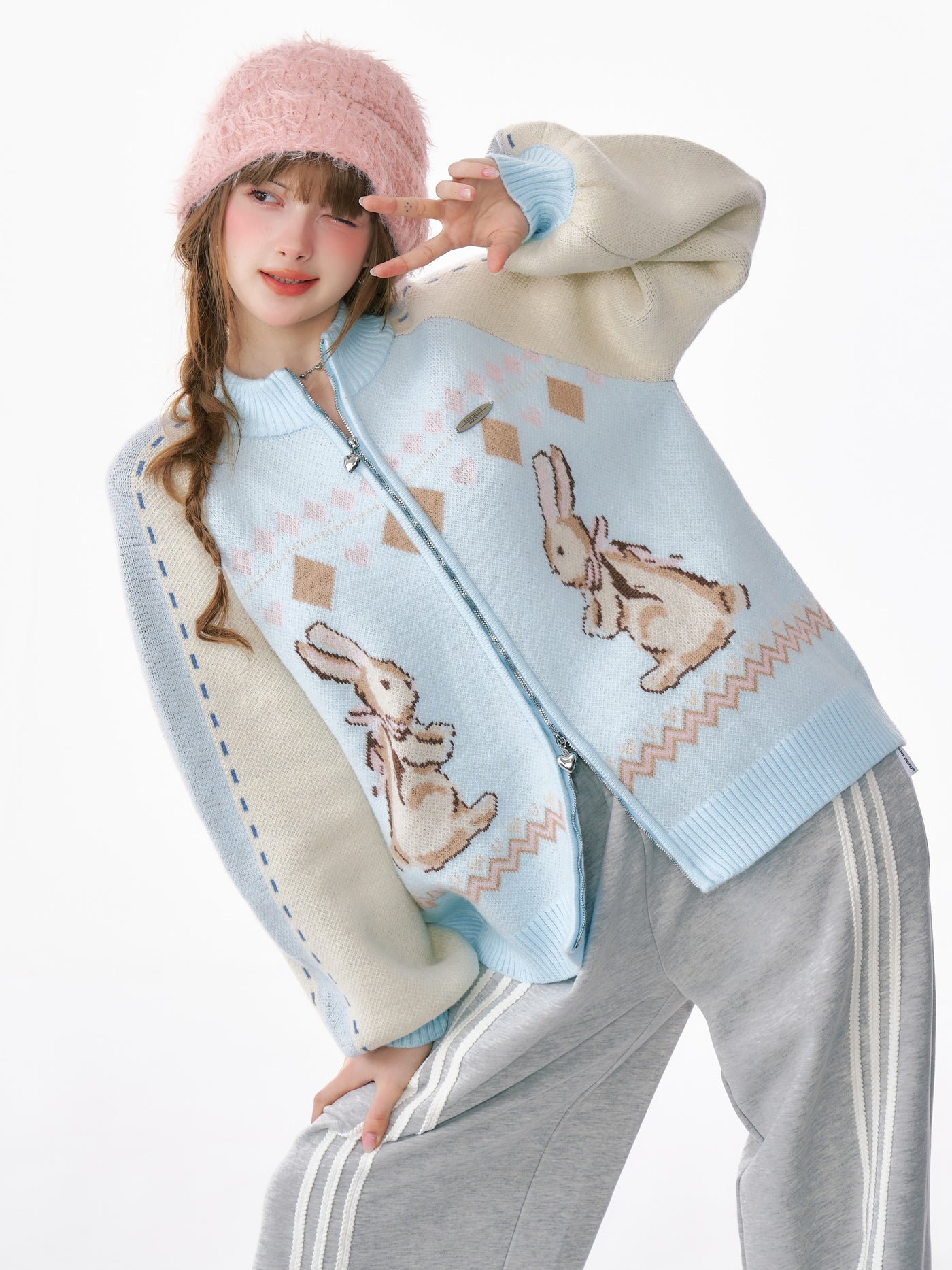 Retro Design Contrast Color Stitching Rabbit Sweater Zipper Cardigan ZIZ0187