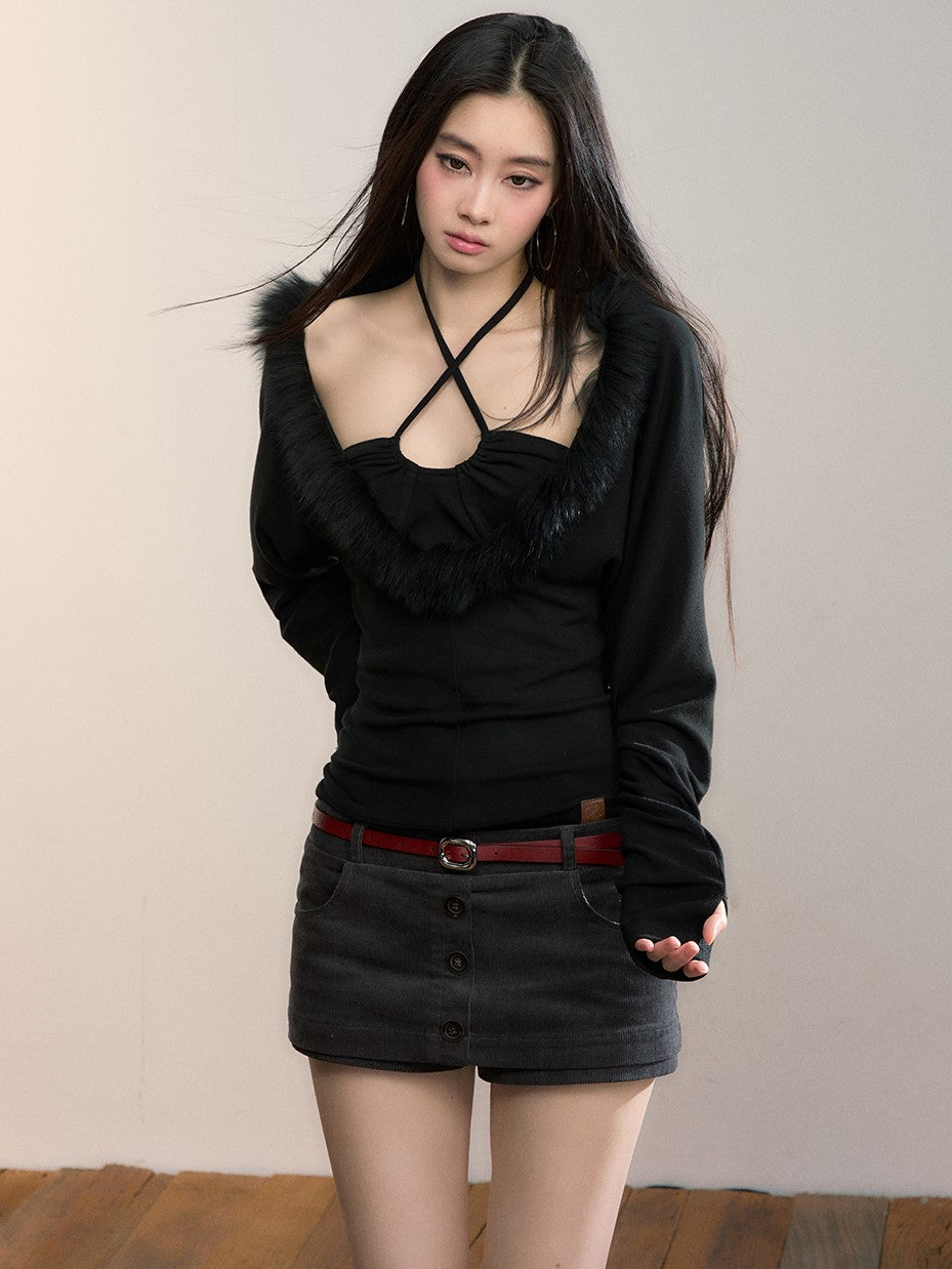 Faux Two-piece Fur Collar T-shirt VIA0359