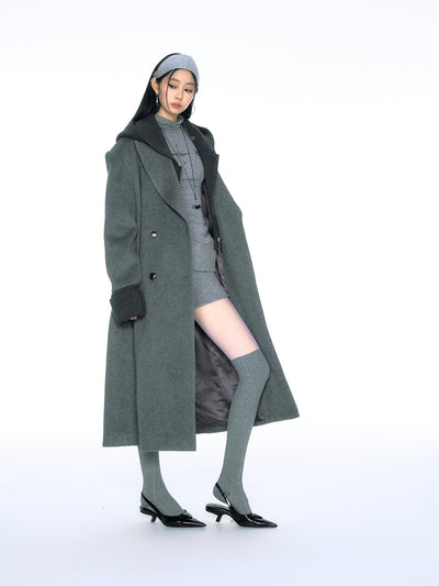 Retro Fake Two-piece Ribbed Splicing Removable Hooded Wool Coat CUR0155