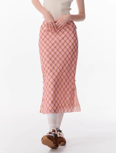 American Retro High Waist Pink And Brown Plaid Fishtail Mid-length Skirt ZIZ0106