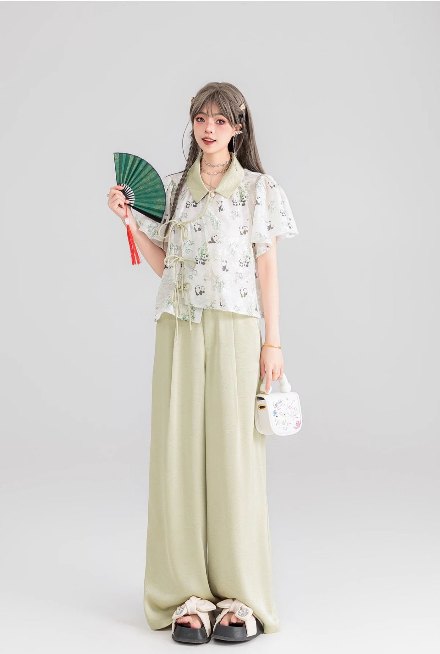 Panda Pattern White Chiffon Shirt/Light Green Pants KEI0049