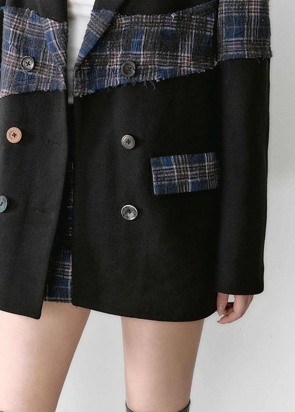 Plaid Stitching Design Mid-length High-end Wool Jacket VIA0161