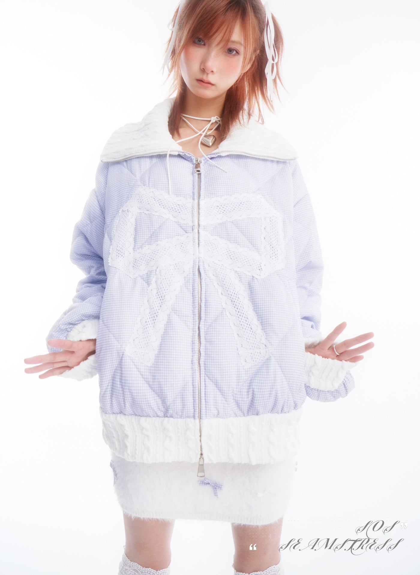 Blue And White Plaid Stitching Knitted Collar Down Jacket SOS0009