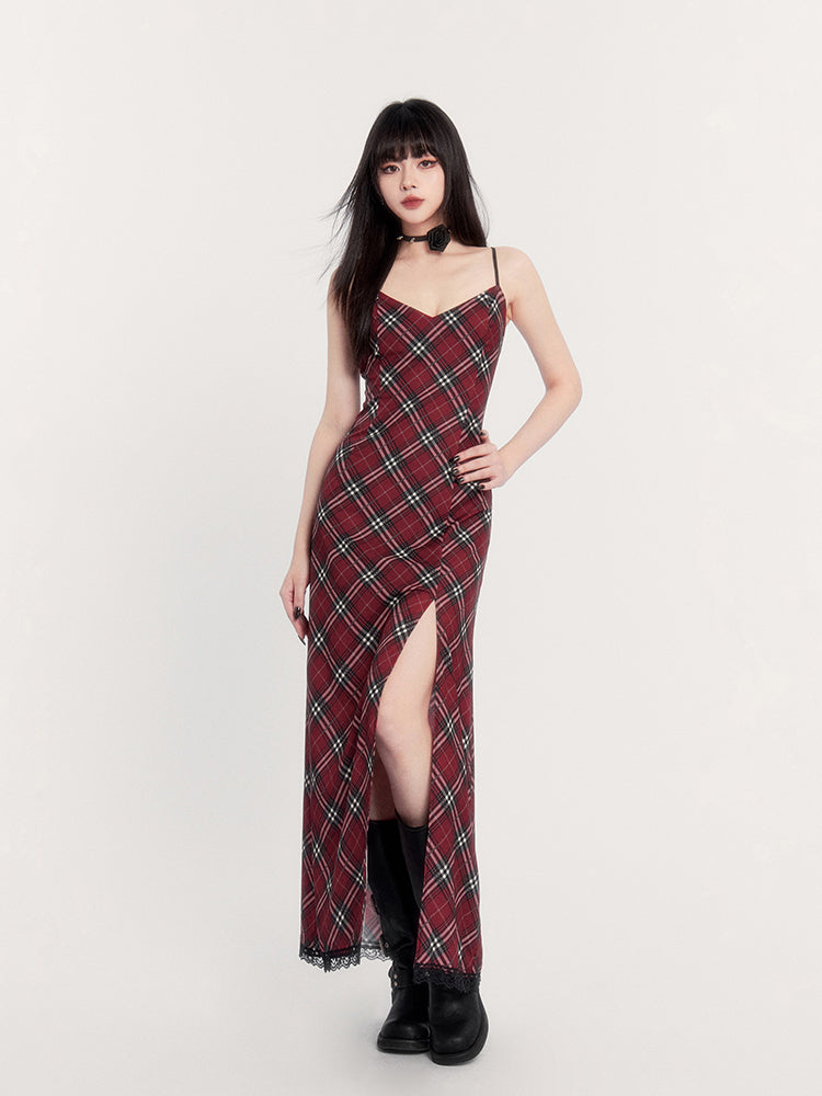 Red Plaid Slit Lace Backless Suspender Dress VOC0224