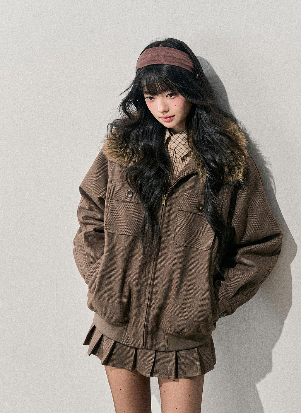 Brown Quilted Jacket/Pleated Skirt DIA0724