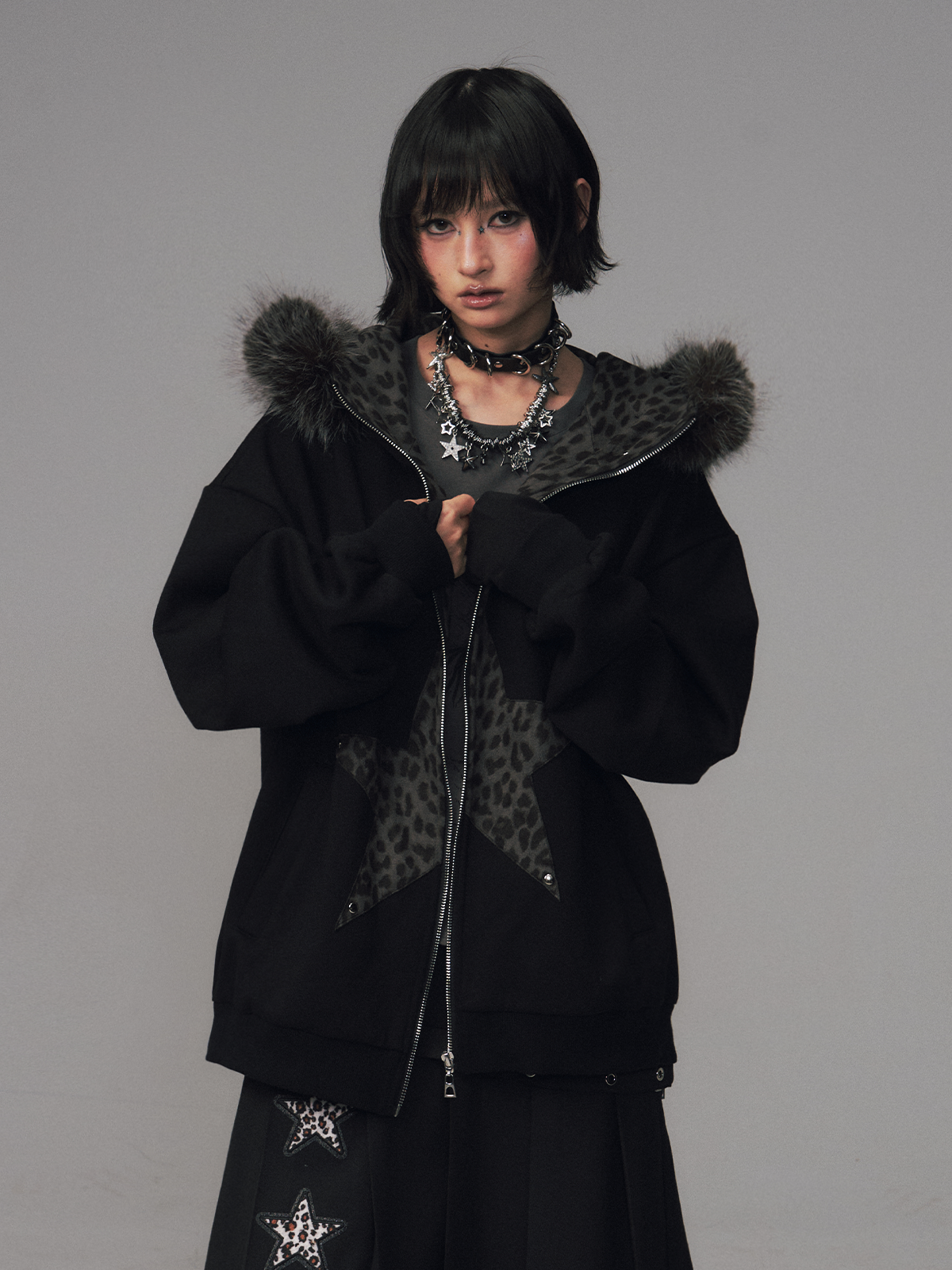 Cat Ear Leopard Print Fur Collar Hooded Jacket FRU0130