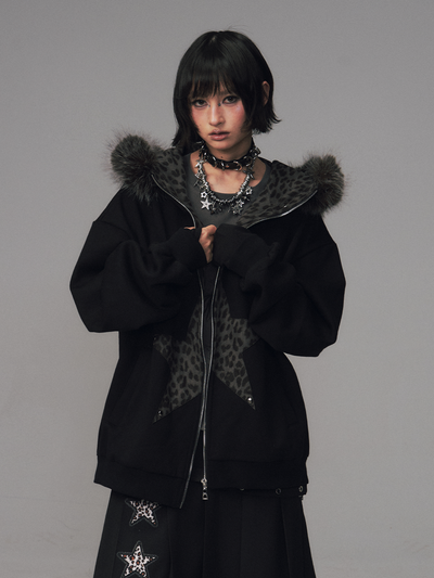 Cat Ear Leopard Print Fur Collar Hooded Jacket FRU0130
