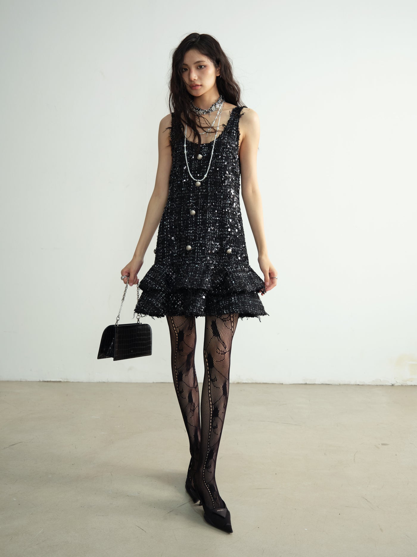 Small Fragrance Style Celebrity Sequins Destructive Tassel Ruffle Cake Dress JNY0190