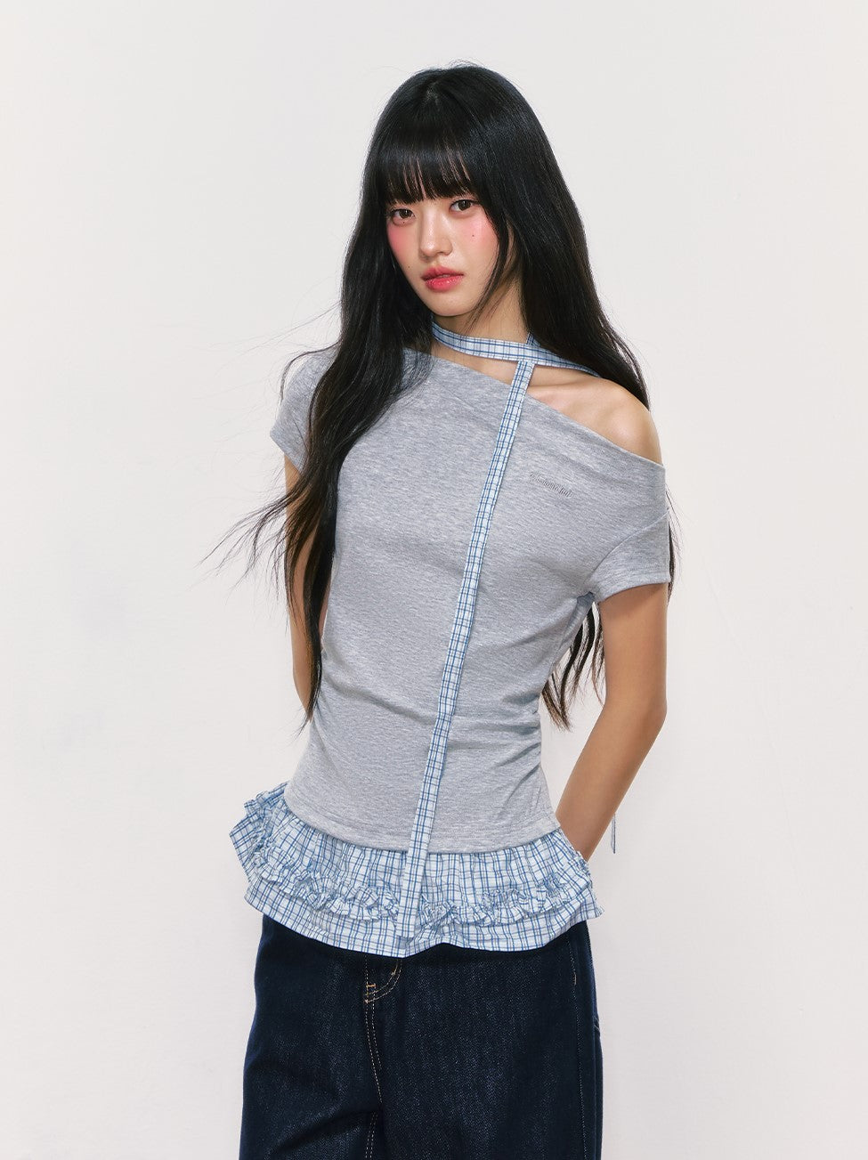 Plaid Ruffled Off-shoulder T-shirt WEE0053