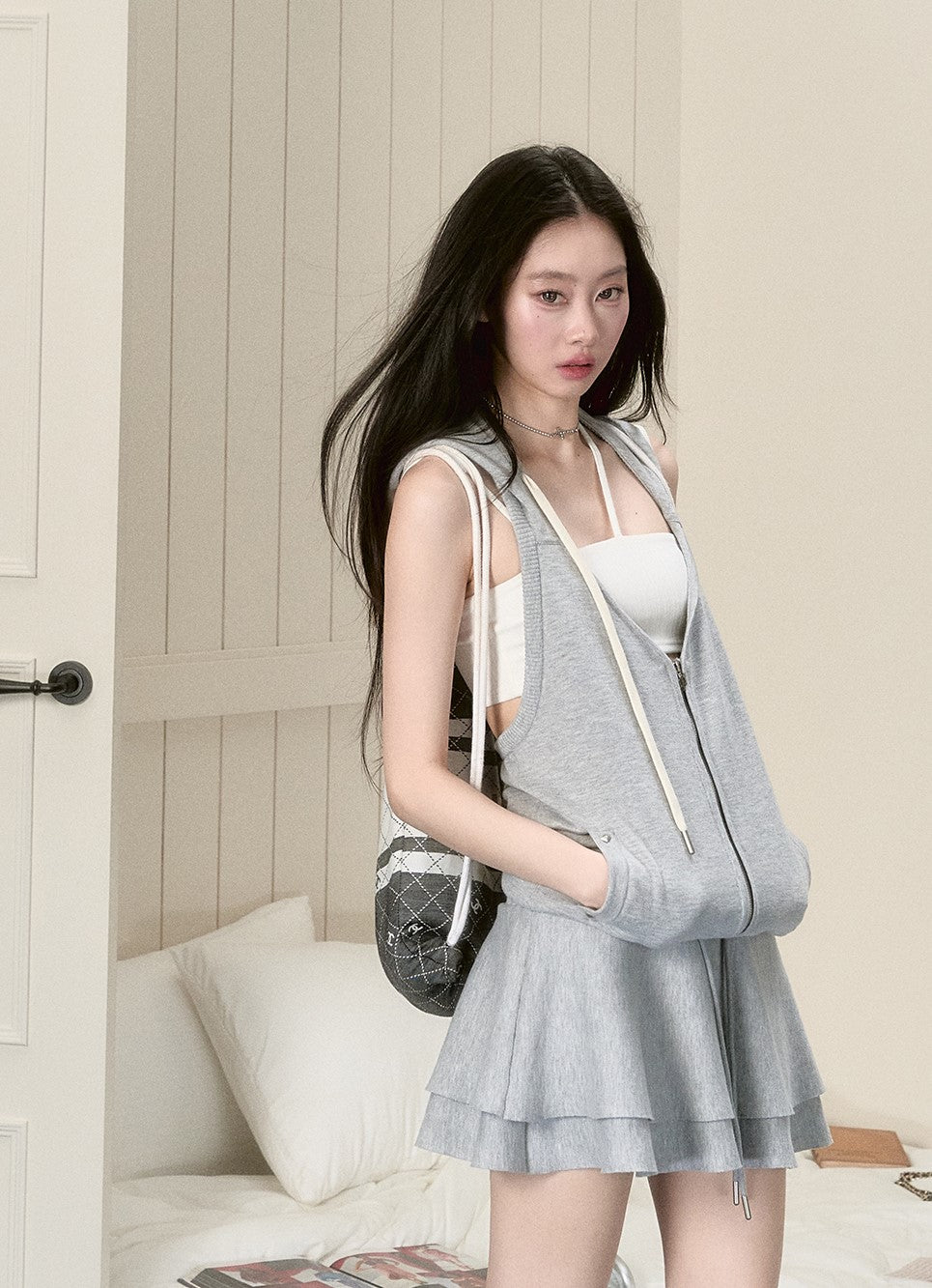 Gray Sleeveless Hooded Cake Skirt Dress VIA0149