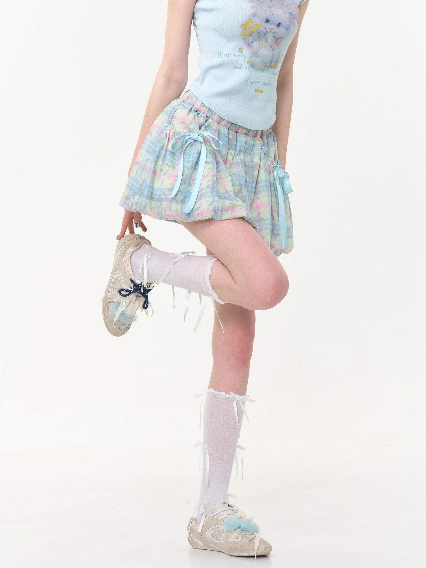 High Waist Blue Bow Plaid Skirt ZIZ0277