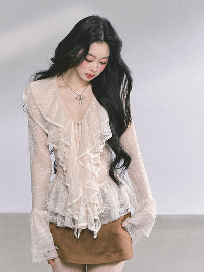 Lace Hollow Ruffled Long Sleeve Shirt DIA0588