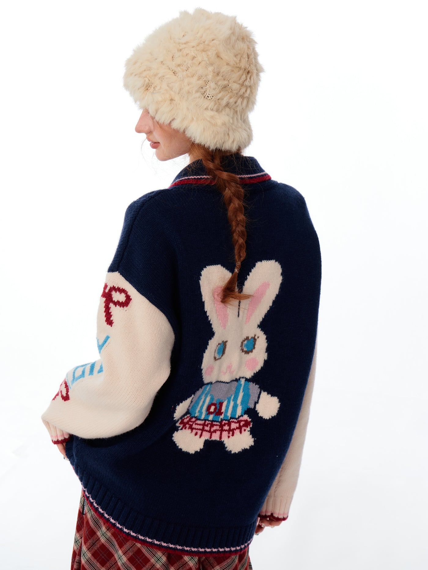 American Style Contrast Color Stitching Letter Soll Collar Rabbit Sweater Cardigan ZIZ0189