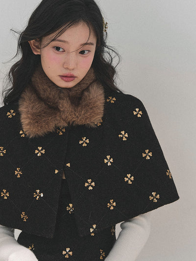 Sequins Design Dress/Detachable Fur Collar Cape DIA0750