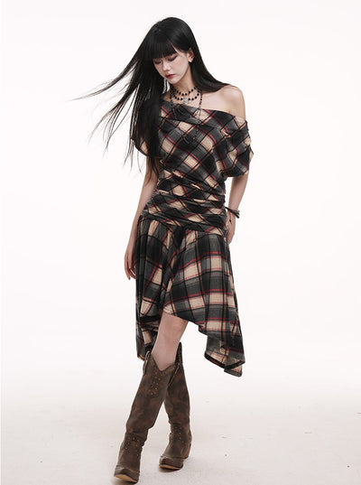 Off-shoulder Plaid Dress LAD0183