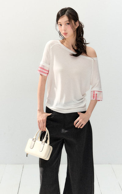 Oblique Shoulder Plaid T-shirt SHI0142