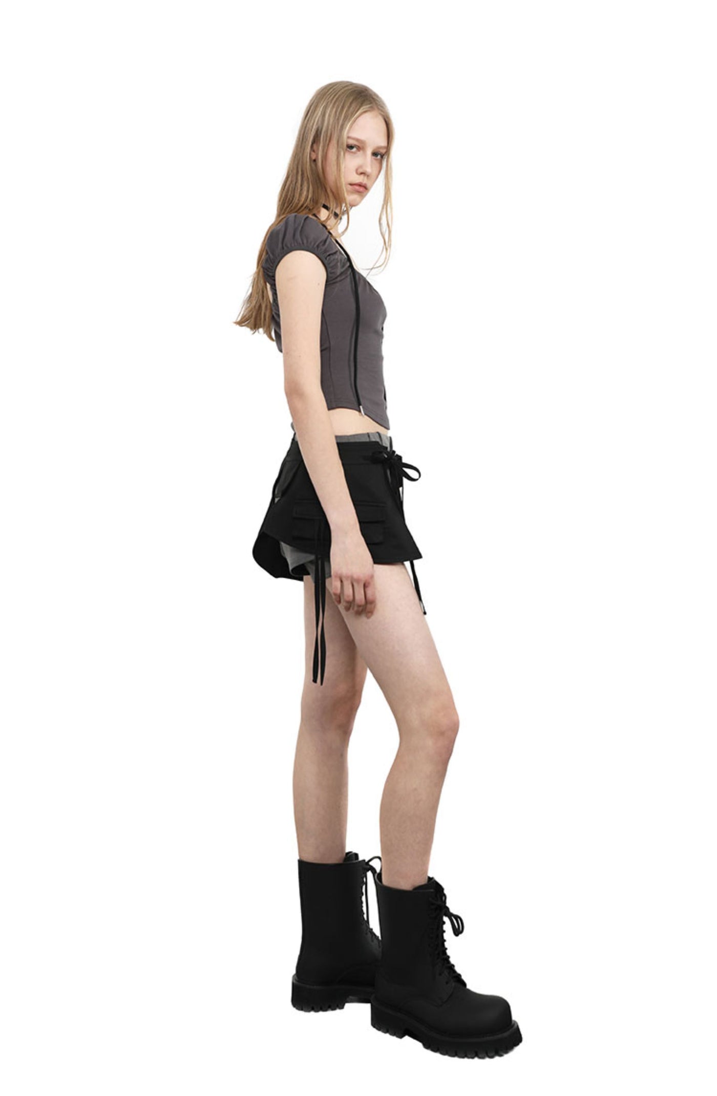 Black Irregular Pockets Outer Skirt ANY0087