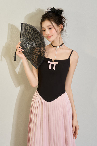 Holiday Style Contrast Color Bow Long Suspender Dress UND0079