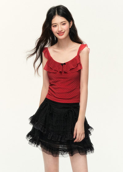 Double-layer Red Lace Butterfly Slim Polka Dot Top NTO0094