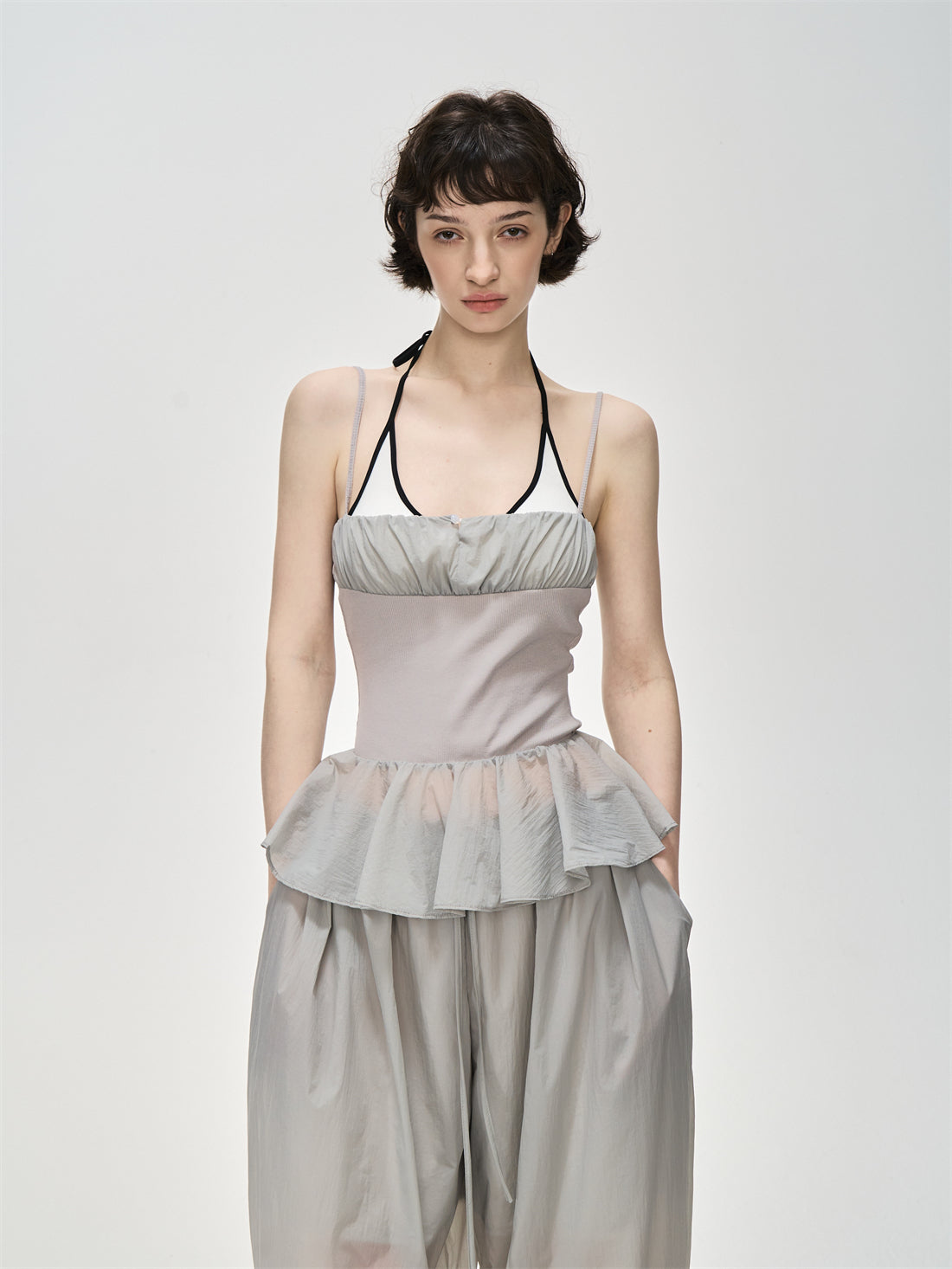 Translucent Pleated Loose Drawstring Pants CUR0231