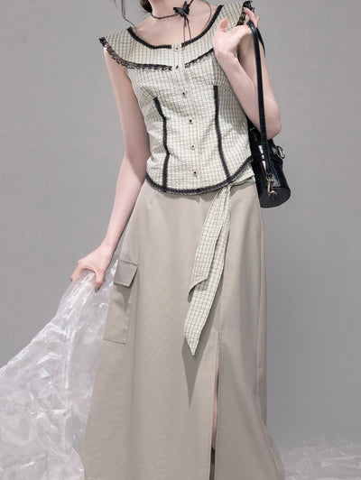 Blue Grey Slit Long Skirt COT0327