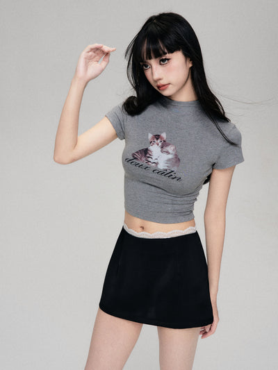 Funny Cat Printed Straight Shoulder Short Sleeve T-shirt LUL0065