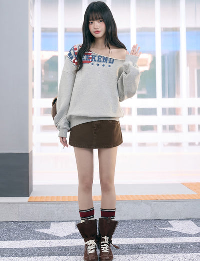 American Print Casual Off-Shoulder Sweatshirt WEE0077