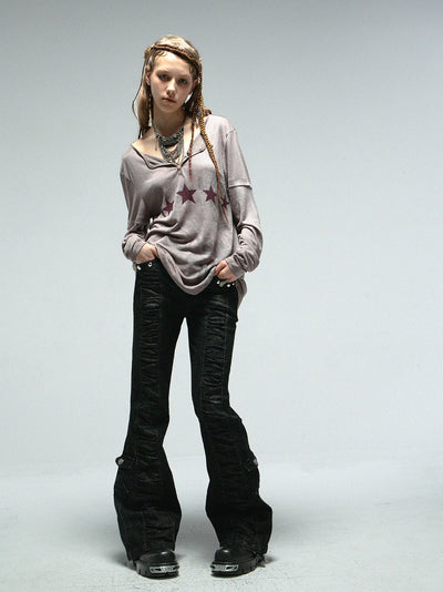 Mid-waist Pleated Slim Flared Jeans DOU0109