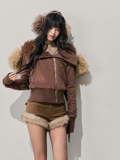 Brown Detachable Shearling Collar Jacket DIA0752