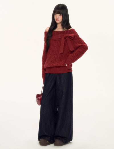 Red Off-Shoulder Bow Sweater WEE0088