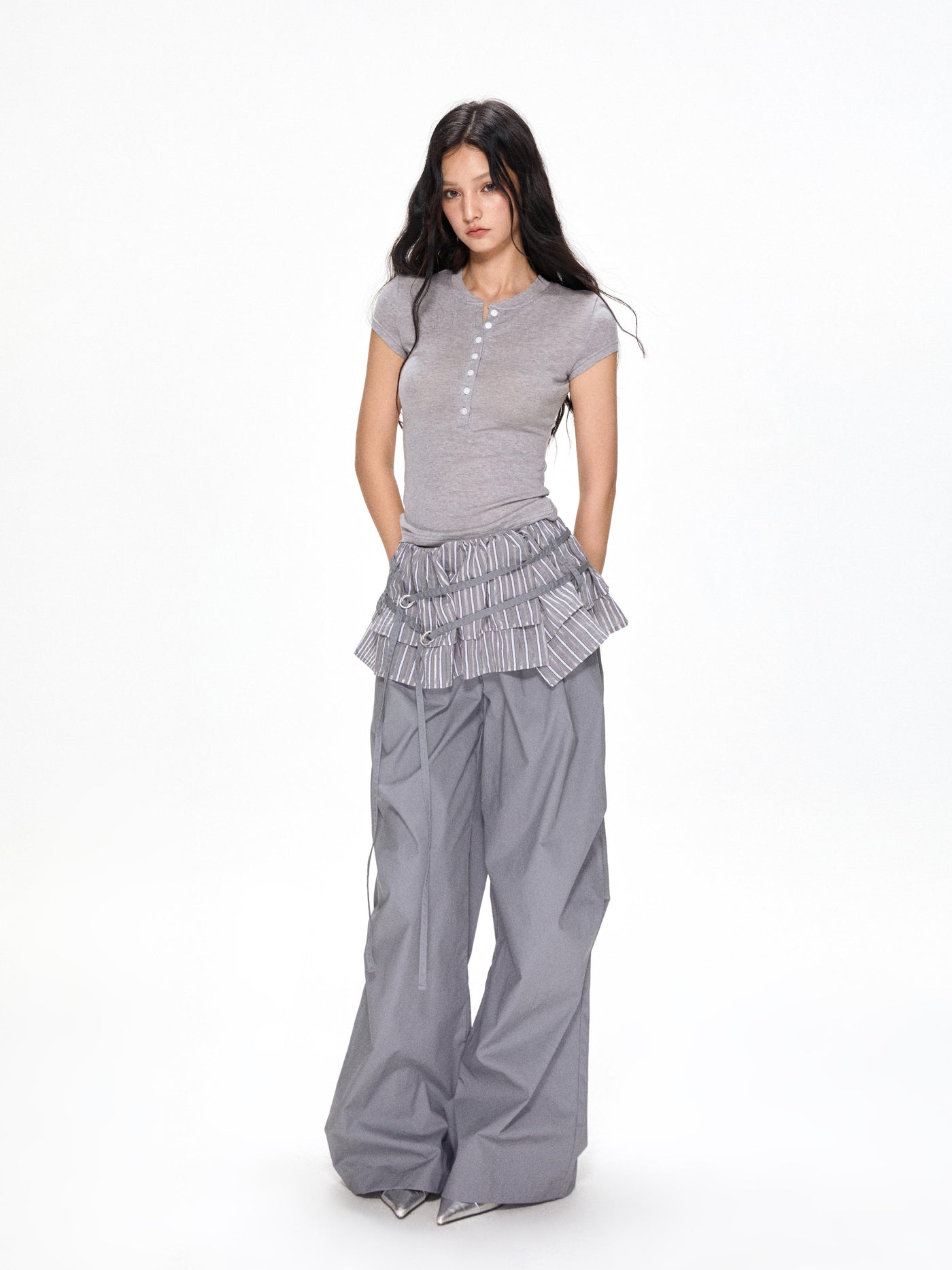Satin Ruffled Casual Straight Pants APE0392