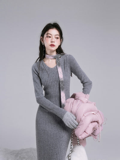 Curve Shaping Gray Pink Ribbon Wool Knit Dress COT0189