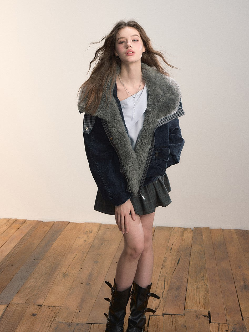 Velvet Denim Large Fur Collar Jacket VIA0362