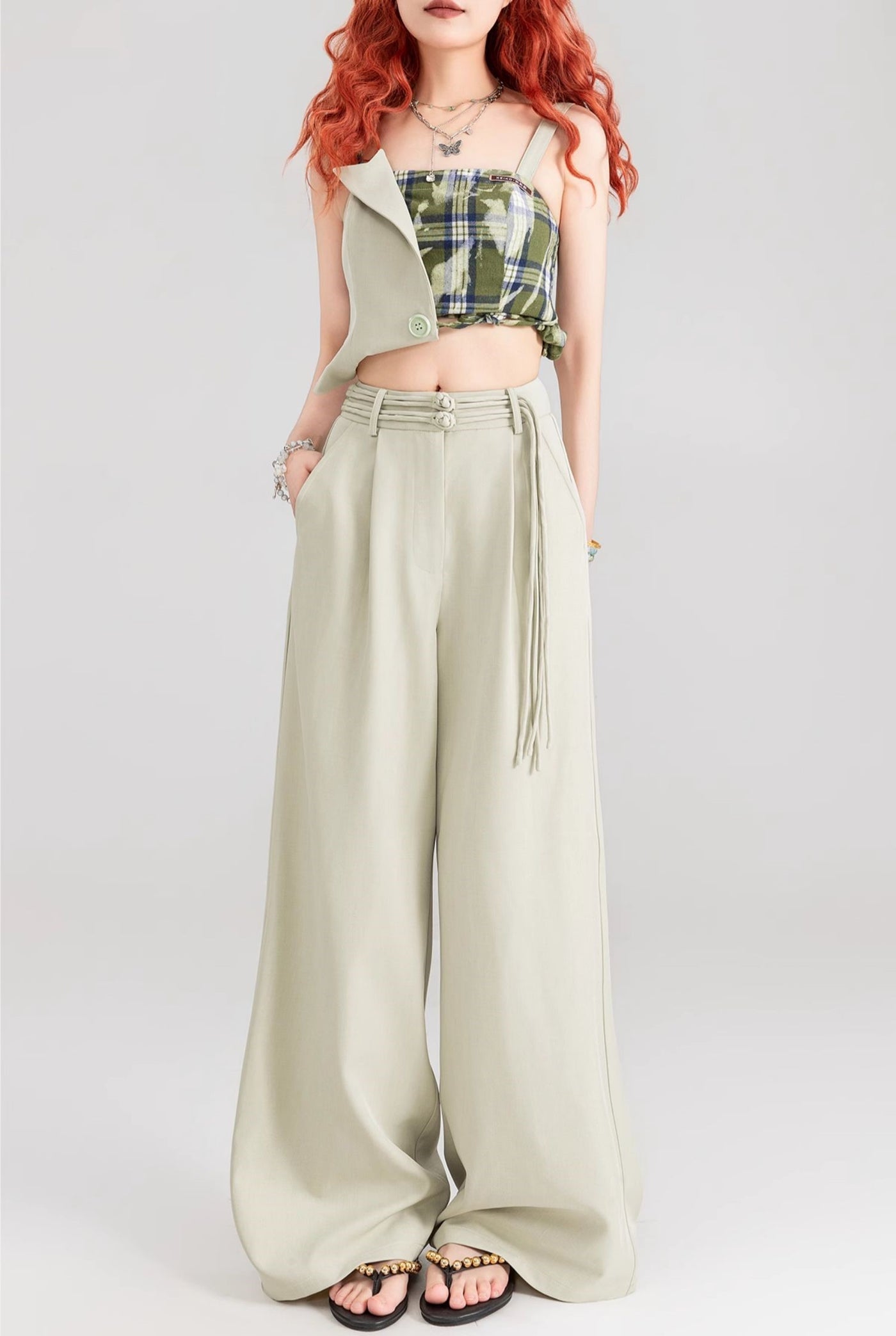 Button-decorated Drape Wide-leg Floor-length Pants KEI0162