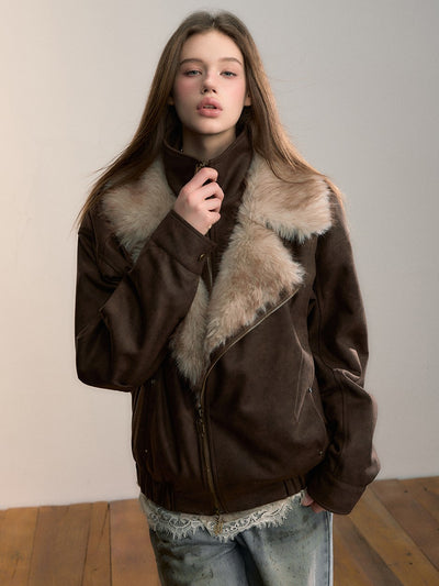 Loose-fitting Faux Two-Piece Fur Collar Jacket VIA0353