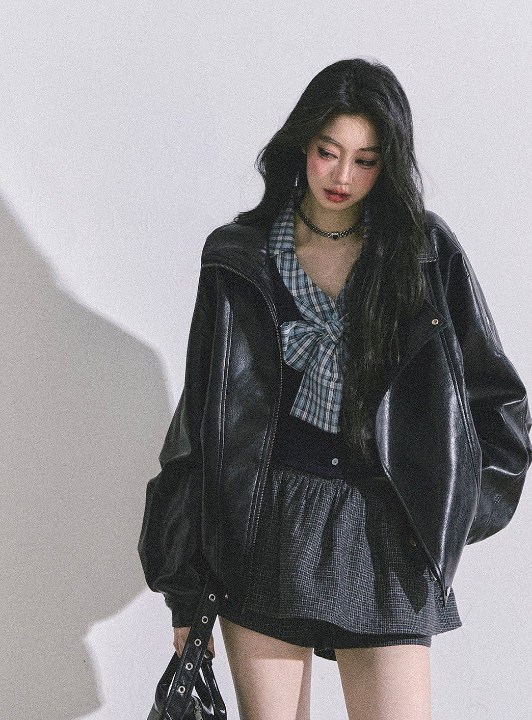 Fake Two-piece Bow Plaid Shirt DIA0599