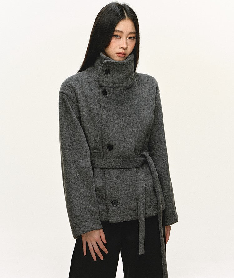 High-End Stand Collar Tie-Wrap Short Coat ANA0095