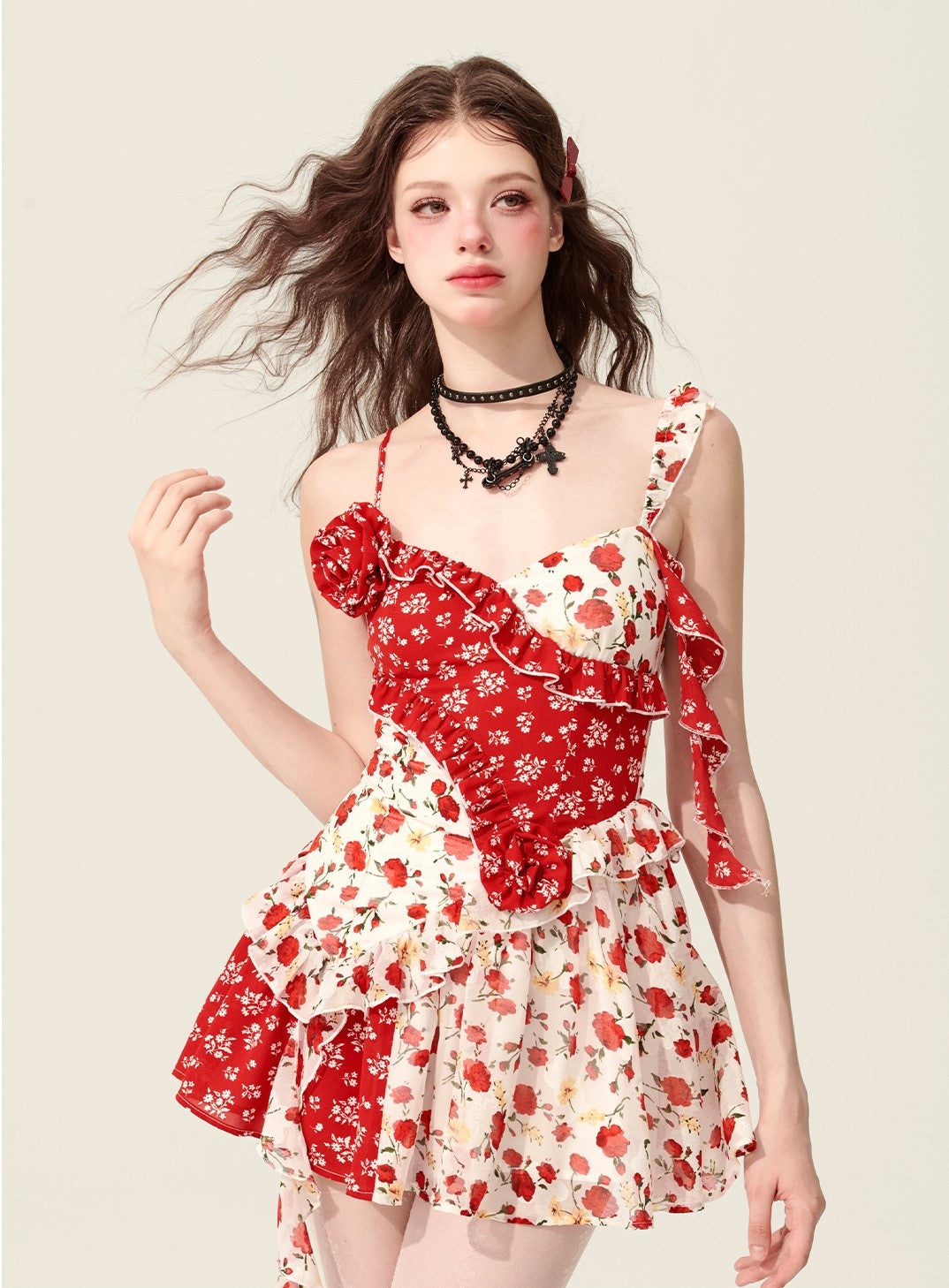 Rose Red Splicing Floral Suspender Dress DIA0167