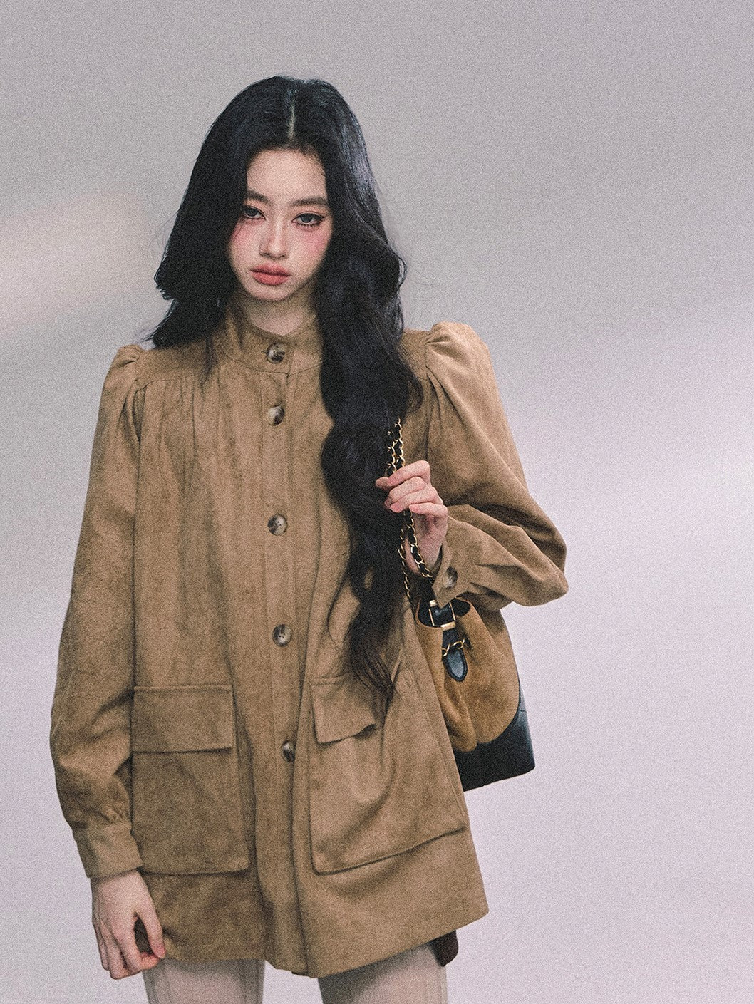 Coffee Brown Suede Stand Collar Jacket DIA0609