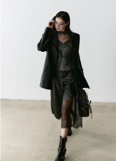 Lace Splicing Fake Two-piece Leather Jacket VIA0168