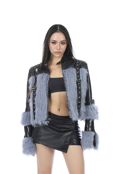 Blue Lazy Belt Buckle Fur Straped Jacket NOL0043