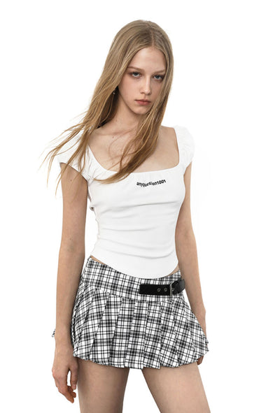 Leather Button Plaid Pleated Skirt ANY0081