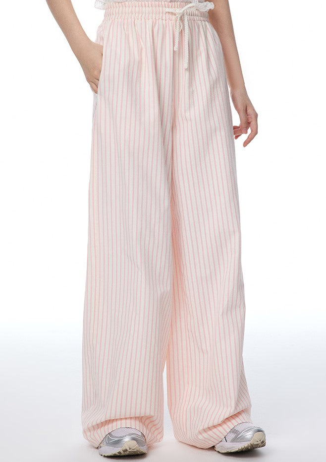 Pink Striped Pleated Lace Waist Casual Pants NTO0112