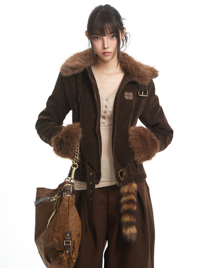 Retro Style Fur Collar Patchwork Suede Jacket UNC0327