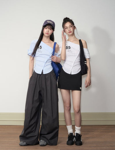 Casual Oblique Shoulder Striped Shirt SOO0012