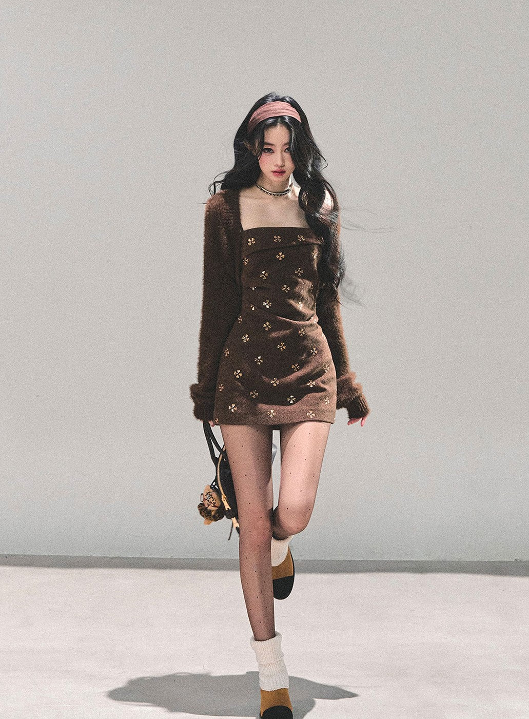 Brown French-style Camisole Dress/Short Cardigan DIA0660