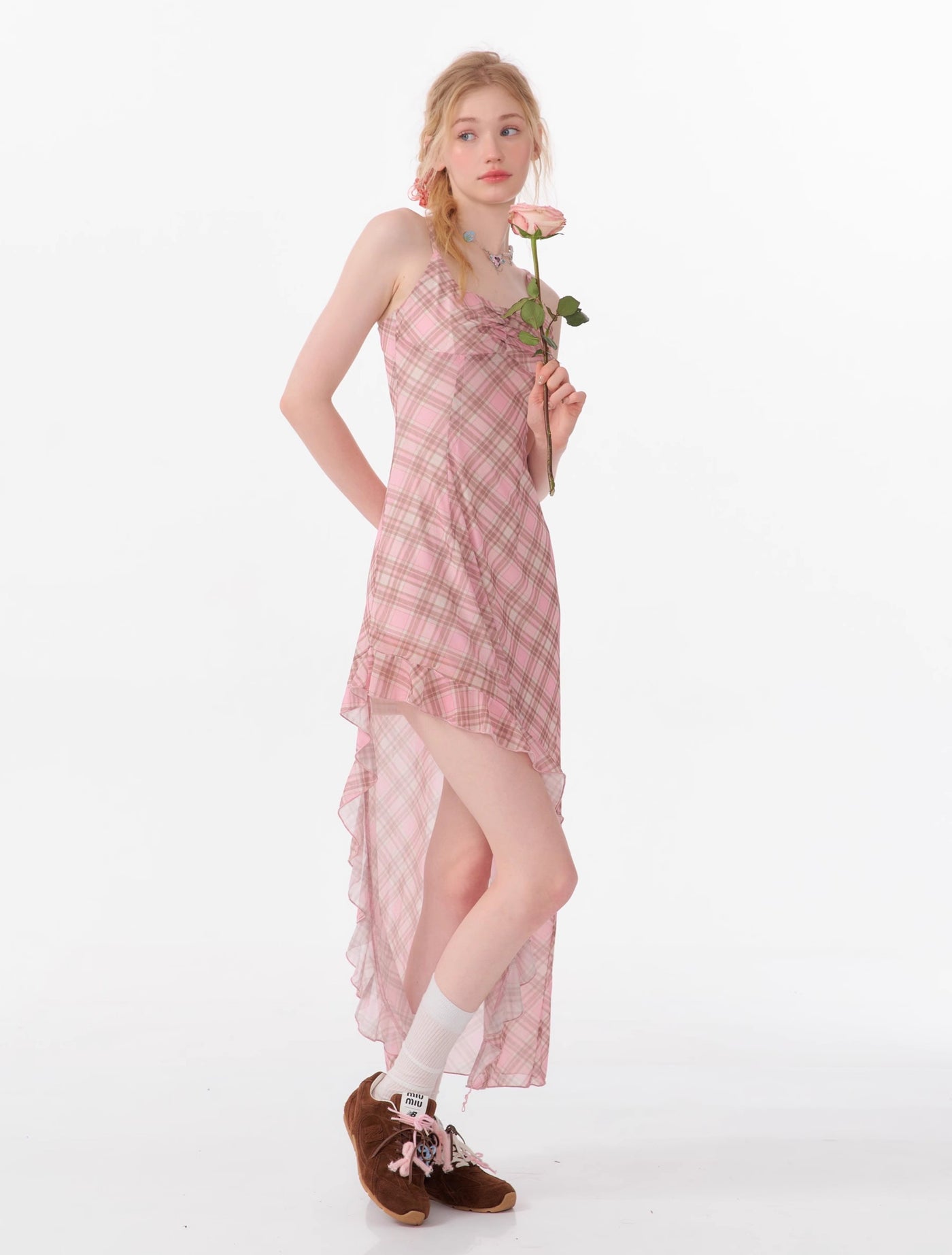 Irregular Waist Plaid Pink Long Suspender Dress ZIZ0086