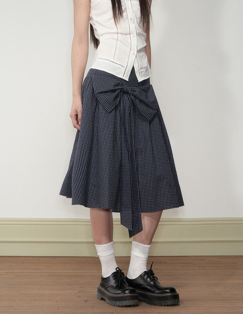 Navy Blue Plaid Bow Midi Skirt SOO0003