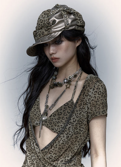 Punk Leopard Print Stitching Rivet Beret NOR0073