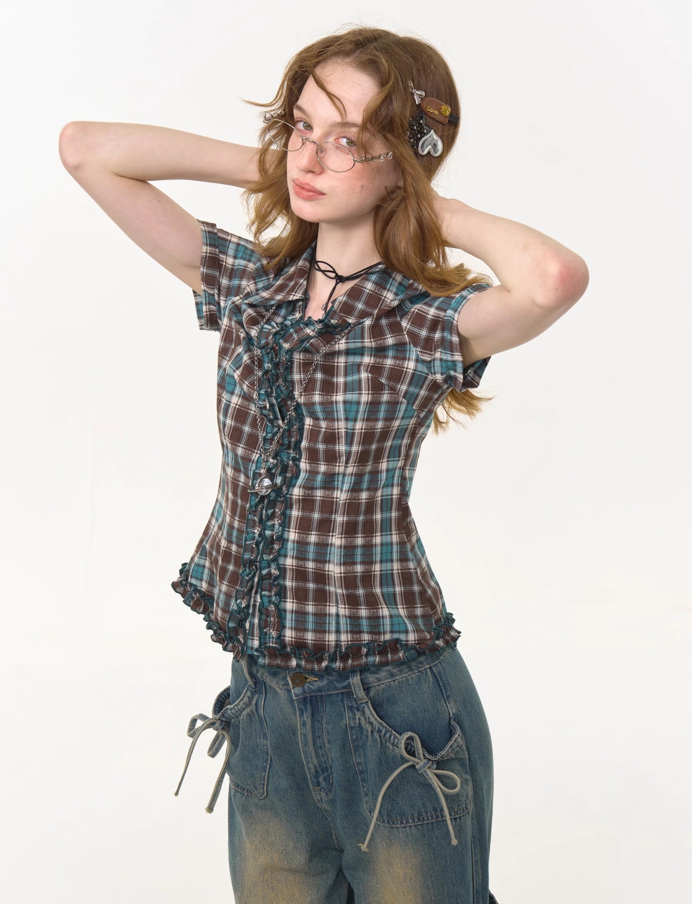 Lace Brown And Blue Plaid Short-sleeved Shirt ZIZ0276